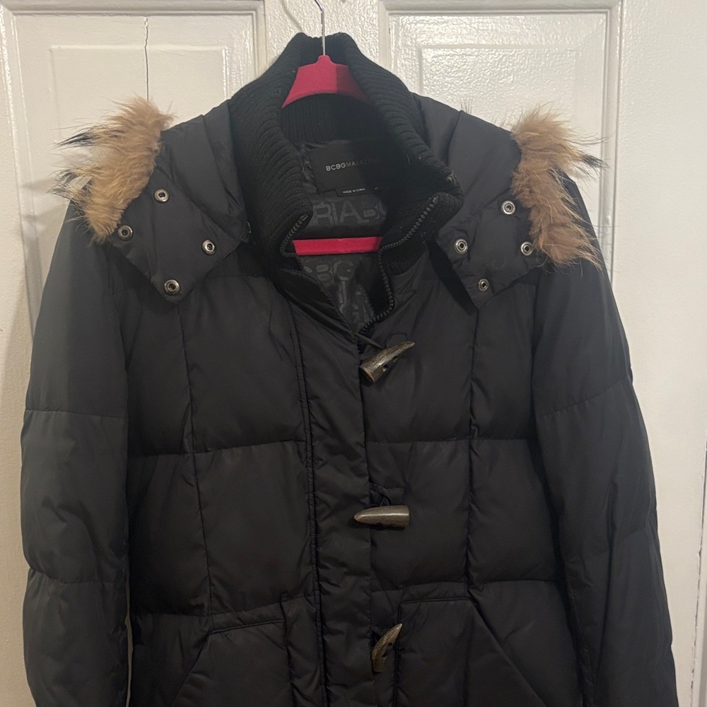 BCBGMaxAzria Women's Black Down Fuller Jacket with Fur trim hood